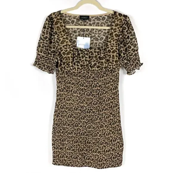 Majorelle Lexi‎ Smocked Mini Dress Leopard Animal Print Tan Black Sz L